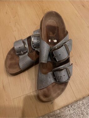 Birkenstock Big Buckle Metallic Gray Slide Sandals